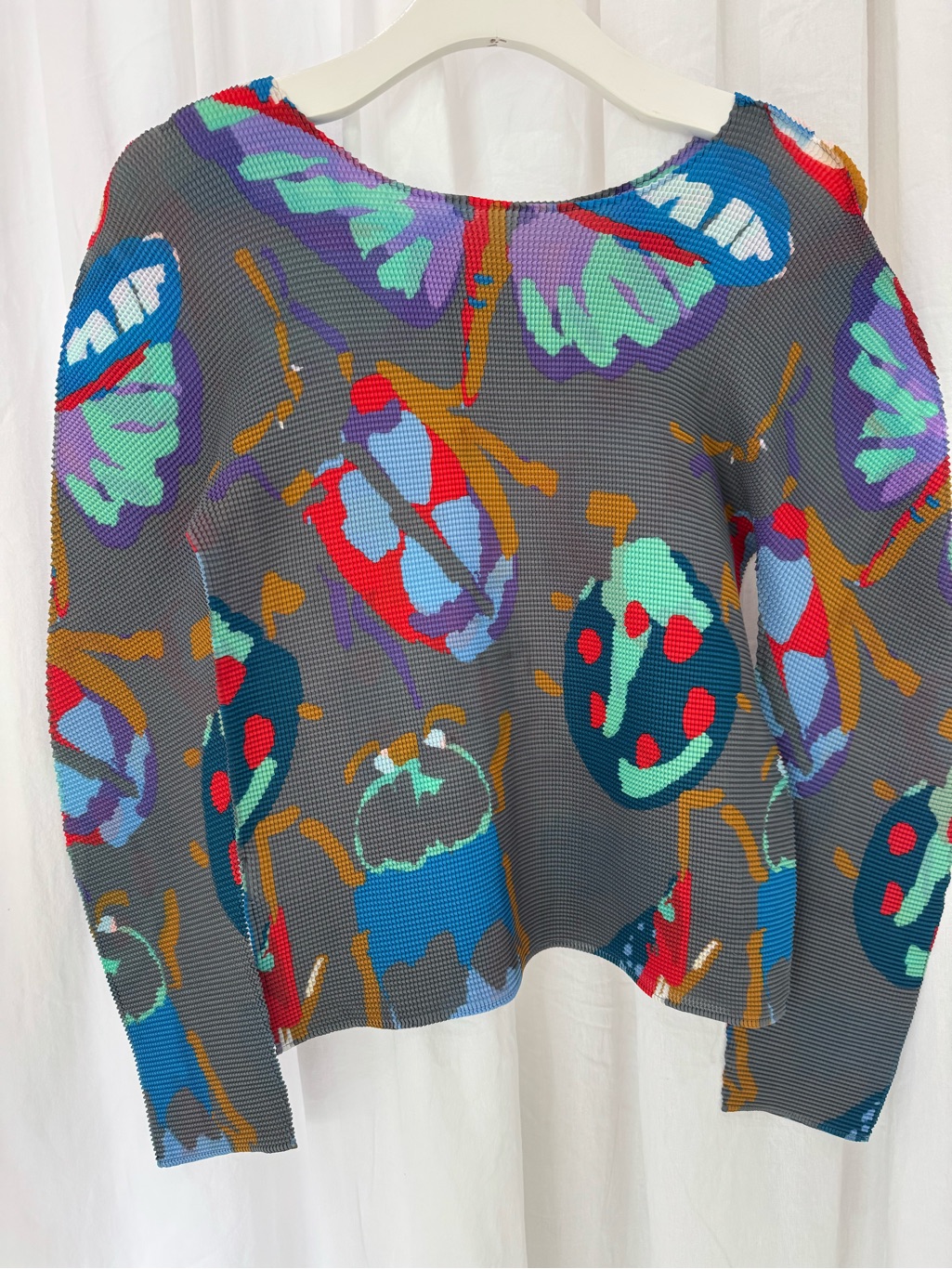 Issey Miyake Gray Origami Top With Multicolor Butterflies